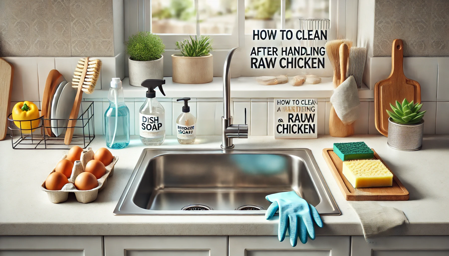 Featured image of an article having title how to clean sink after raw chicken