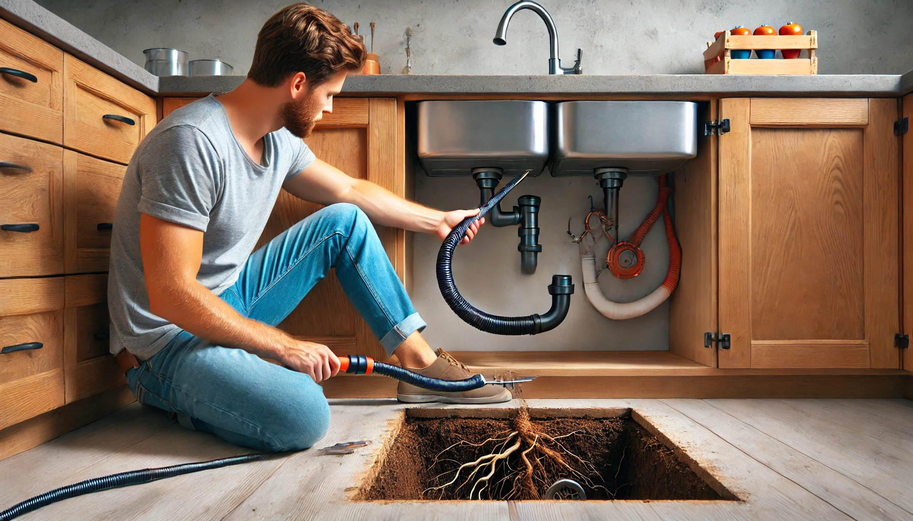 Featured image of an article having title how to snake a kitchen sink drain roots